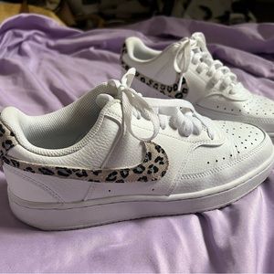 White and leopard print Nike A1’s, 7.5